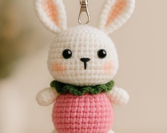 Crochet Strawberry Bunny Keychain Handmade Kawaii Bag Charm Gift Idea