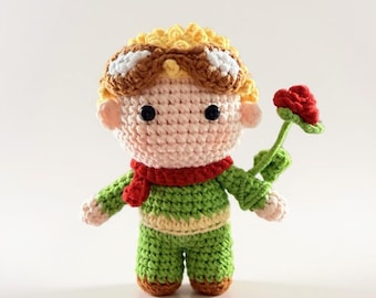Crochet Little Prince Doll Handmade Amigurumi Prince Plush with Rose Cute Gift for Book Lovers