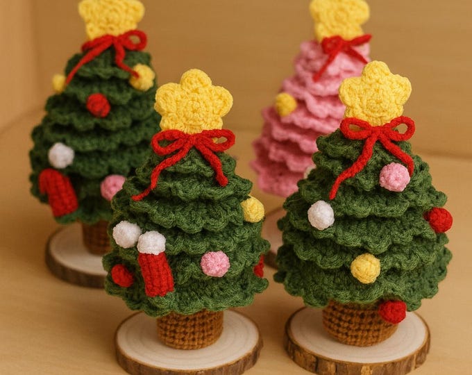 Featured listing image: Crochet Christmas Tree with Wooden Base - Holiday Table Decor (Green or Pink)