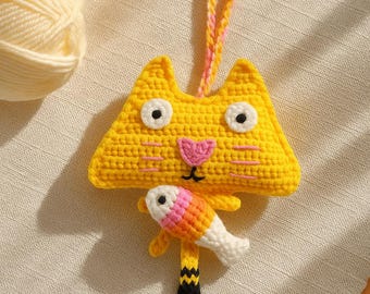 Cute Crochet Yellow Cat Fish Plush Hanging Car Bag Charm Gift
