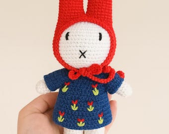 Cute Crochet Rabbit Plush Red Hat Blue Flower Dress Nursery Gift