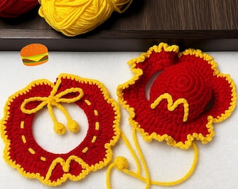 Crochet McDonald Style Pet Collar and Hat Set Cute Red Yellow Outfit