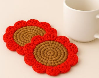 Cute Crochet Sunflower Coaster Set Floral Home Kitchen Gift