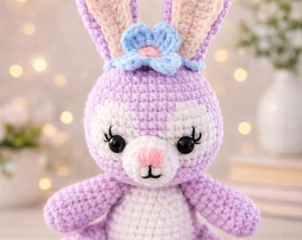 Lavender Crochet Bunny Plush with Flower, Amigurumi Rabbit Gift