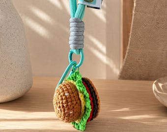 Crochet Burger Keychain – Handmade Bag/Backpack Charm, Cute Foodie Gift