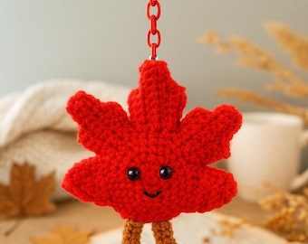 Cute Crochet Maple Leaf Keychain Autumn Car Charm Cozy Decor Gift