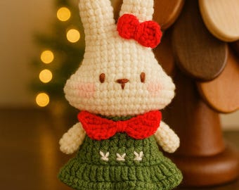 Christmas Bunny Keychain | Crochet Red Bow & Green Dress Amigurumi Charm