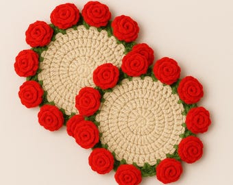 Handmade Crochet Rose Coaster Set: Floral Table Decor - Valentine's Gift (2 pcs)