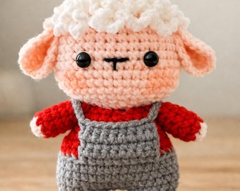 Crochet Lamb Plush in Gray Overalls Handmade Amigurumi Sheep Doll Gift