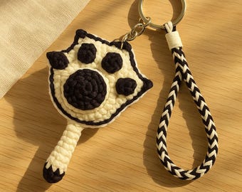 Handmade Crochet Paw Keychain Black and White Cat Lover Gift Bag Charm