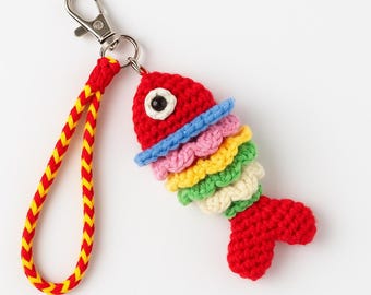 Crochet Rainbow Fish Keychain Handmade Colorful Ocean Bag Charm Gift