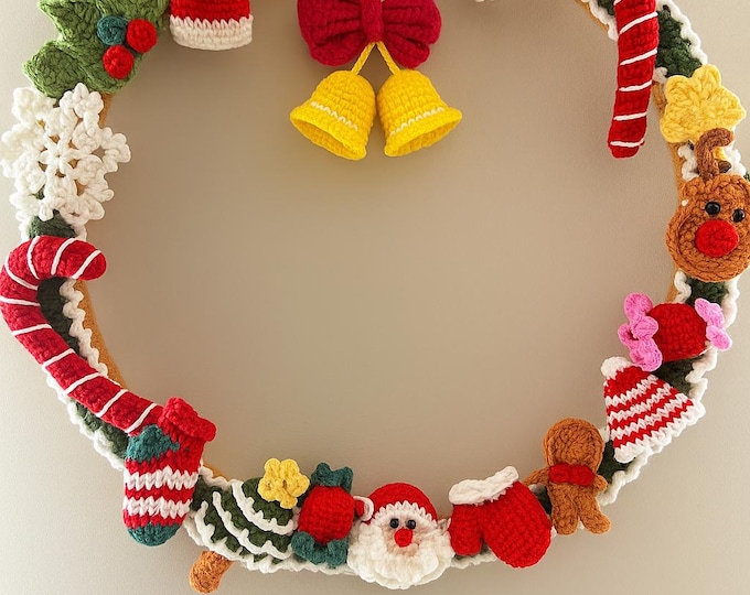 Featured listing image: Handmade Crochet Christmas Wreath Santa Reindeer Door Decoration Holiday Gift