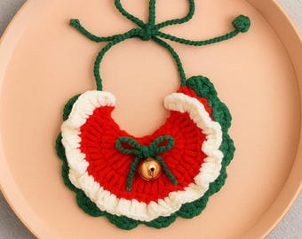 Cute Crochet Holiday Pet Collar Ornament Red Green Bell Kawaii Charm