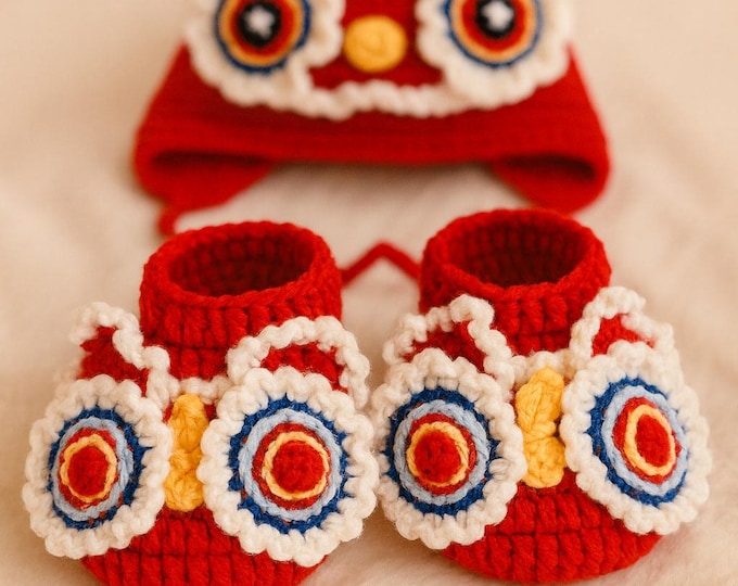 Featured listing image: Adorable Crochet Lion Dance Baby Hat & Booties Set – Lunar New Year Gift