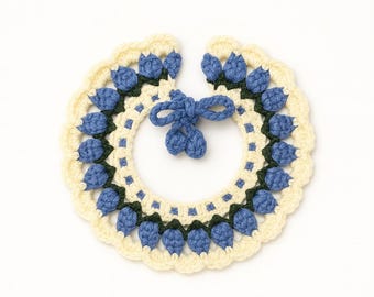 Crochet Pet Collar: Blue Flower Bib, Adjustable Cat Dog Scarf