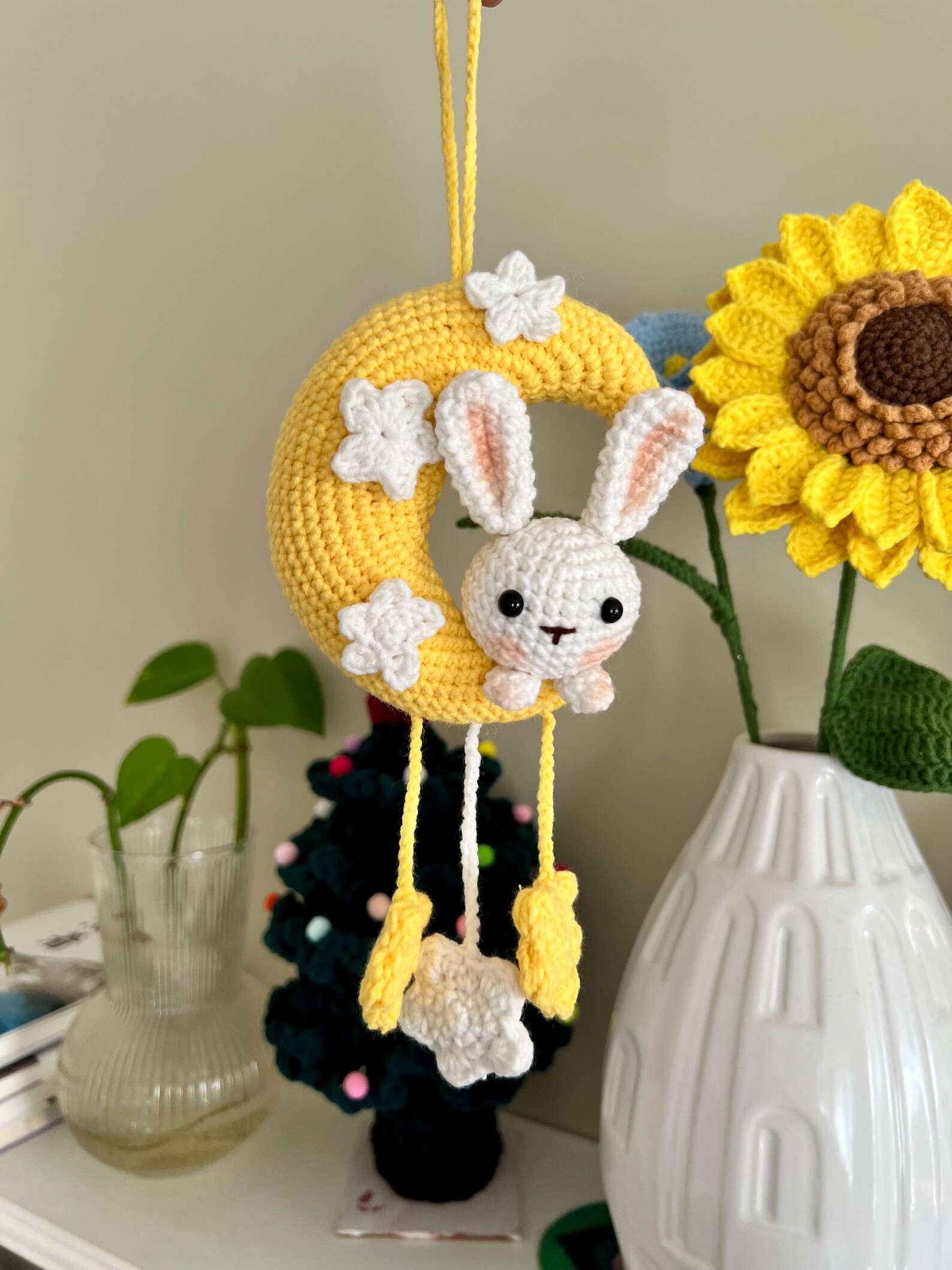 Crochet Moon Bunny Ornament Handmade Rabbit Hanging Nursery Decor Gift ...