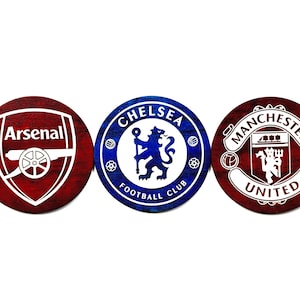 Manchester United, Chelsea, and Arsenal Soccer Club Printed Wood Coasters, 4” Round, Felt Backed, Gift for Soccer/Football Fans.