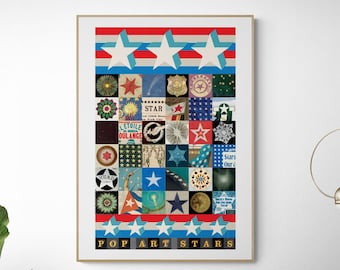 Pop Art Stars Print, Sixties Collage Style Poster British Fine Art Cool Retro Stars And Stripes Colorful Star Astronomy Science Poster