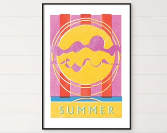 Summer Risograph Style Print | Vibrant Abstract Art | Colorful Sun, Waves & Seaside | Modern Art | Warm Beach Home Decor | Perfect Gift