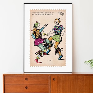 Acid House Ravers Poster, Humorvolle Parodie Gedenk Briefmarke, 90er Jahre Rave Dance Musik Poster, Philatelie Kunst, Briefmarkensammler Geschenkidee