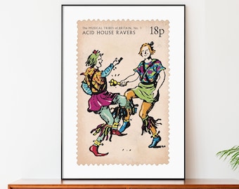 Acid House Ravers Poster, Humorous Spoof Commemorative Stamp Print, 90s Rave Dance Music Poster, Philately Art, Stamp Collecting Gift Idea