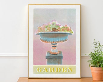 Garden Risograph Style Art Print, Ideal Gift For Gardening and Flower Enthusiasts, British Pop Art, Vintage Modern Decor, 60s & 70s Style