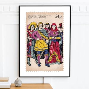 Neues romantisches Musikplakat, humorvolle Pareo Gedenkstempeldruck, 80er Jahre elektronische Musikkunst, neue romantische Mode, Sammelgeschenkidee