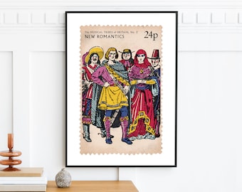 New Romantic Music Poster, Humorous Spoof Commemorative Stamp Print, 80s Electronic Music Art, New Romantic Fashion, Collecting Gift Idea
