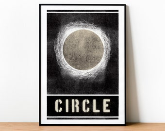 Monochrome Circle Risograph Style Print | Modern Art | Minimalist 1960s Pop Art | Stencil Letters | Planet Art | Unique Home Decor Gift