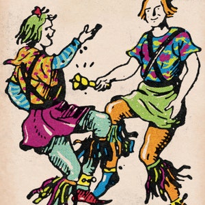 Pu&ograve; includere: Due figure in costumi colorati, una con una camicia a motivi verdi e gialli e l'altra con una camicia viola e blu, stanno ballando. La figura con la camicia verde e gialla tiene un campanello in mano. La figura con la camicia viola e blu sta calciando la gamba in aria.