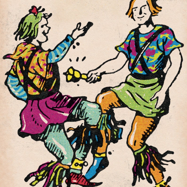 Pu&ograve; includere: Due figure in costumi colorati, una con una camicia a motivi verdi e gialli e l'altra con una camicia viola e blu, stanno ballando. La figura con la camicia verde e gialla tiene un campanello in mano. La figura con la camicia viola e blu sta calciando la gamba in aria.