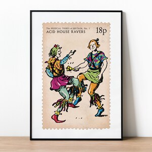 Pu&ograve; includere: Un'illustrazione di francobollo in stile vintage con due persone che ballano. Il francobollo &egrave; intitolato "The Musical Tribes of Britain, No. 1 Acid House Ravers" e ha un prezzo di "18p".