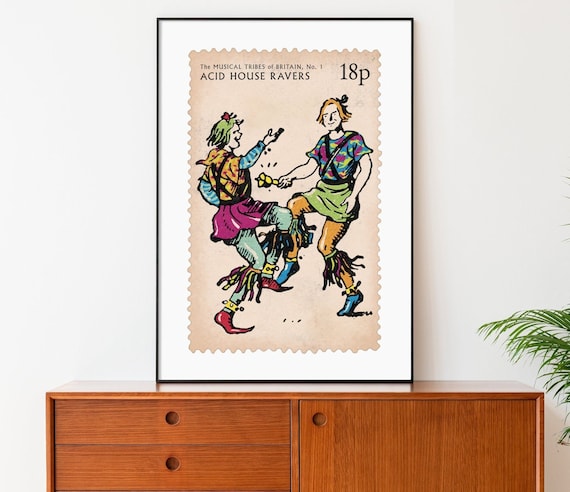 Acid House Ravers Poster, Humorous Spoof Commemorative Stamp Print, 90s Rave Dance Music Poster, Philately Art, Stamp Collecting Gift Idea