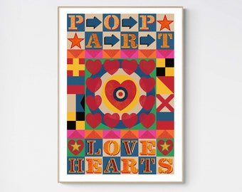 Pop Art Love Hearts Print, Sixties Style Poster British Fine Art Cool Retro Colours Colorful Star Astronomy Science Poster