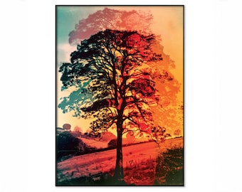 Double Tree Sunset, Incredible Photograph Of Tree In The English Countryside, Amazing Art Print Poster, Contemporary Art, Double Exposure