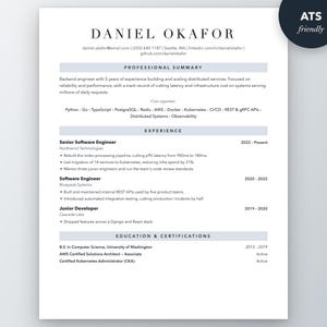 May include: A professional resume template for a backend engineer named Daniel Okafor, featuring sections for professional summary, experience, and education. The document includes contact details, technical skills, and job history.
