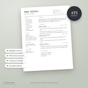 May include: A white resume template for a Marketing Manager named Emma Collins. The document features sections for skills, profile, experience, education, and languages. A dark circular badge in the top right corner displays the text ATS FRIENDLY.