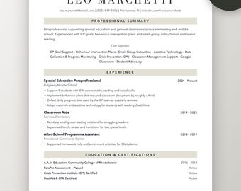 Teaching Assistant Resume Template | Paraprofessional and Classroom Aide CV | ATS Friendly Word & Google Docs