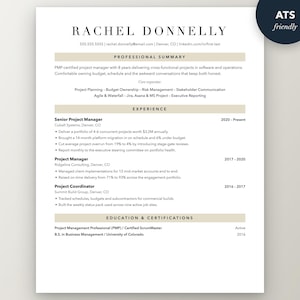 May include: A professional resume template for Rachel Donnelly featuring sections for professional summary, experience, and education. The document includes contact details, job titles, bulleted achievements, and a circular ATS friendly badge.