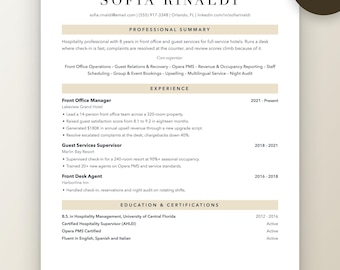 Hospitality Resume Template | Hotel Front Office and Guest Services CV (ATS Friendly)