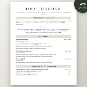 May include: A professional resume template for a pharmacy technician named Omar Haddad, featuring sections for professional summary, experience, and education. The document includes contact details, job history, and certifications in black text.