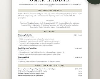 Pharmacy Technician Resume Template | CPhT CV, ATS Friendly (Word/Google Docs)
