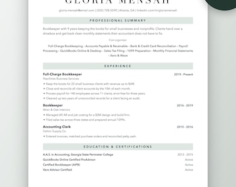 Bookkeeper Resume Template | QuickBooks and Full Charge CV (ATS Friendly)