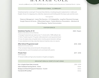 Substitute Teacher Resume Template | ATS Friendly K-12 CV (Word, Google Docs)