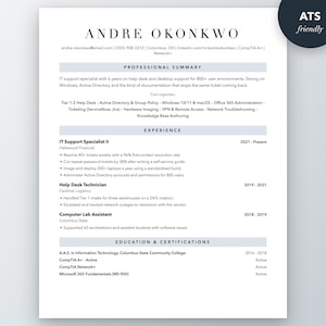 Könnte beinhalten: Eine professionelle Lebenslaufvorlage für einen IT-Support-Spezialisten namens Andre Okonkwo. Das Dokument enthält Abschnitte für berufliche Zusammenfassung, Erfahrung und Ausbildung mit schwarzem Text auf weißem Grund und einem ATS friendly Abzeichen.