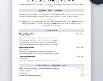 IT Support Resume Template | Help Desk Technician CV, ATS Friendly (Word, Google Docs)