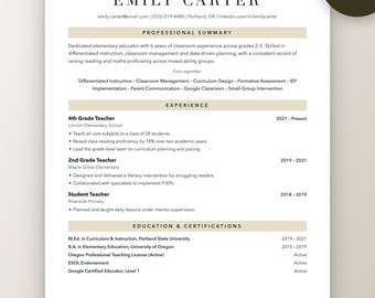 Teacher Resume Template | Educator CV for Word, Google Docs (Digital Download)
