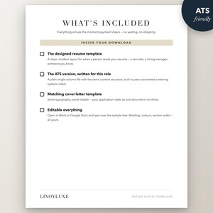 May include: A digital document titled WHAT'S INCLUDED listing contents of a resume template download. It features checkboxes for a designed resume, an ATS version, a matching cover letter, and editable text, with the brand name LINOYLUXE at the bottom.