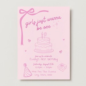 Girls Just Wanna Be One Invitation | Editable Pink 1st Birthday Invite | Girl First Birthday Party Template