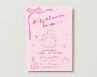 Girls Just Wanna Be One Invitation | Editable Pink 1st Birthday Invite | Girl First Birthday Party Template
